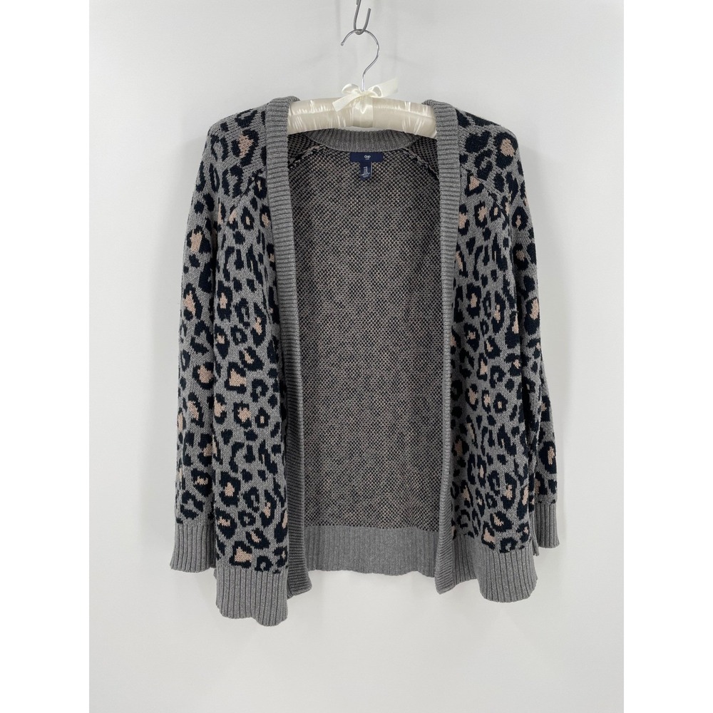 Gap Gray Leopard Print Open Front Cotton Cardigan Sweater Medium